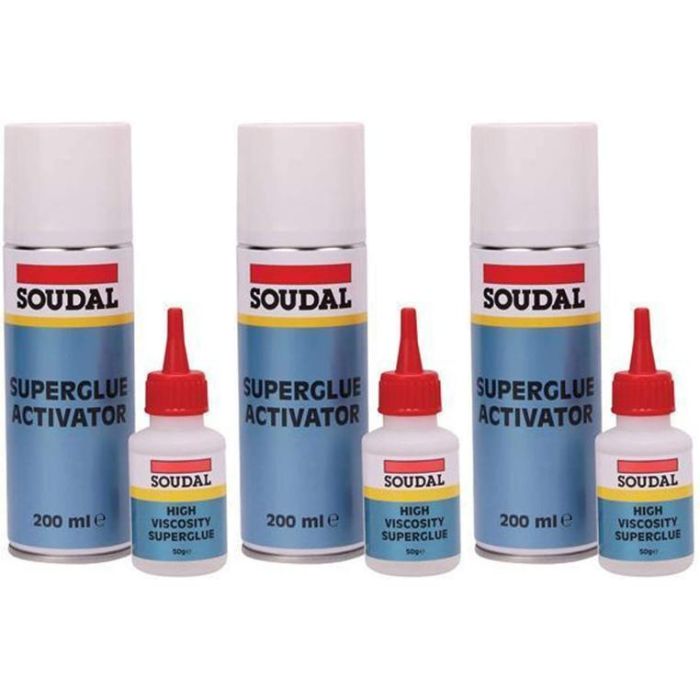 Soudal Superglue 50g + Activator Bonding Mitre Kit White 200ml - Pack of 3
